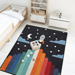 Kids Rainbow Rug with Moon Stars - Soft Nursery Carpet, Cozy Playroom Mat, Durable Toddler Floor Rug, Colorful Bedroom Decor for Children