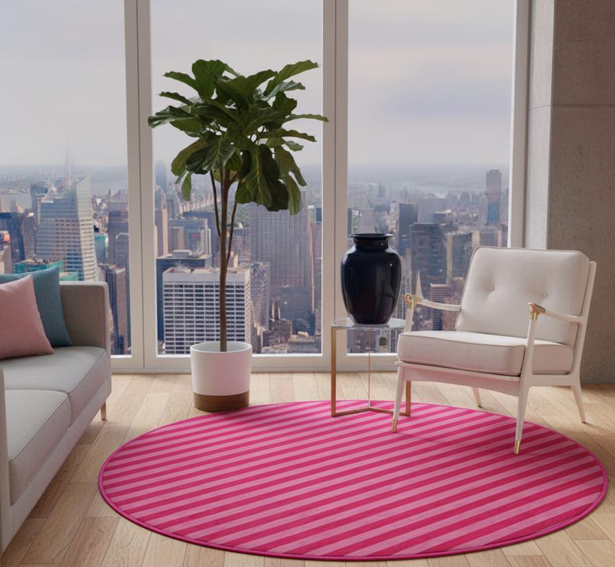 Pink Striped Round Rug, Modern Fuchsia Circle Area Carpet