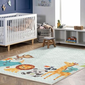Kids Safari Rug with Lion, Monkey & Giraffe - Soft Nursery Carpet, Cozy Playroom Mat, Durable Toddler Floor Rug, Cute Animal Bedroom Decor