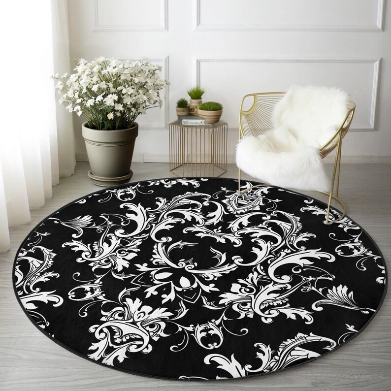 Round Baroque Rug Black and White Baroque Round Rug: Elegant Floral Area Carpet - Etsy