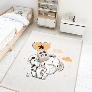 Schlafender Elefant-Teppich für Kinderzimmer, weicher beige Babyteppich mit Sternballon, neutrales Tierthema Spielmatte, Babypartygeschenk