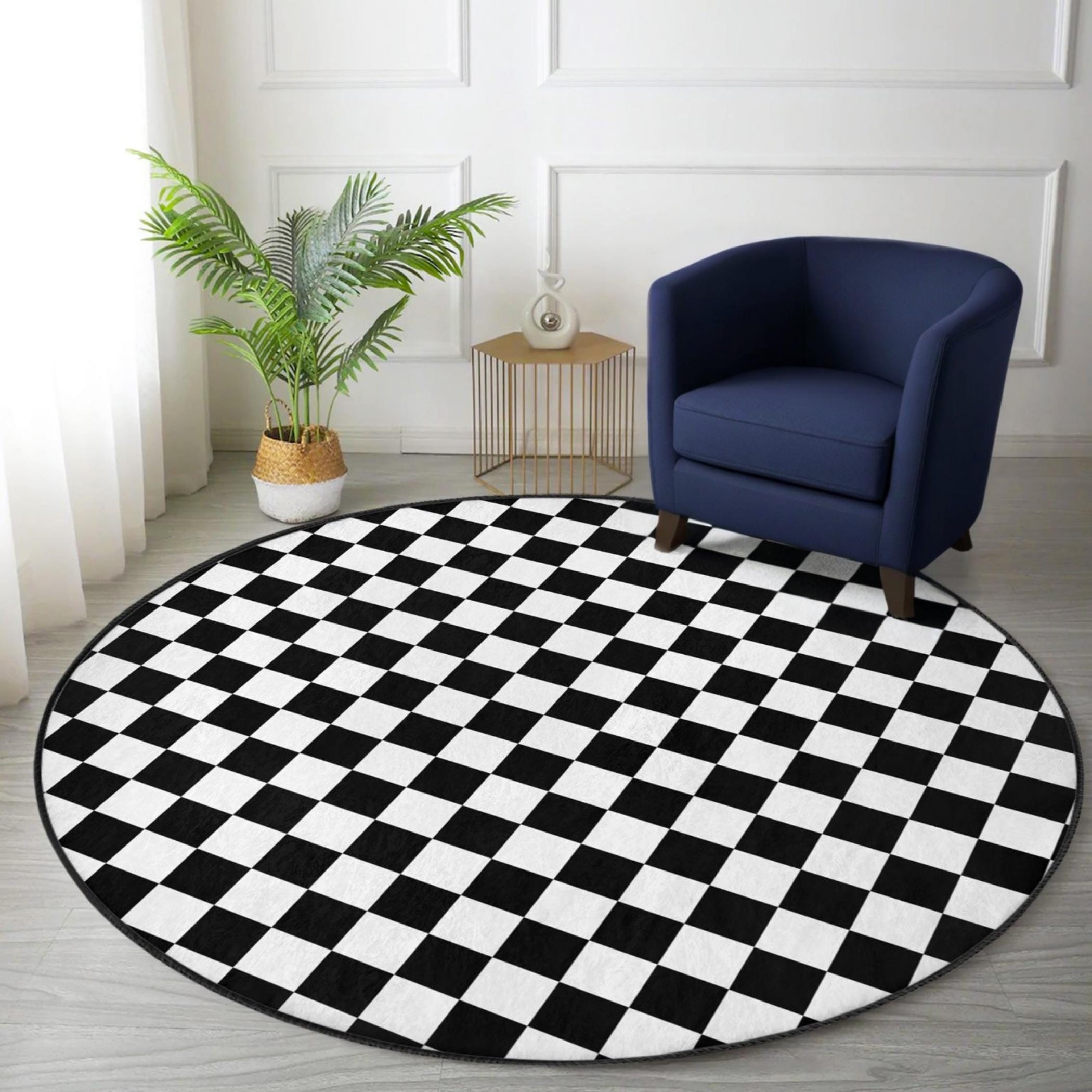 Checkerboard Round Rug, Black and White Checkered Carpet, Retro Circle ...