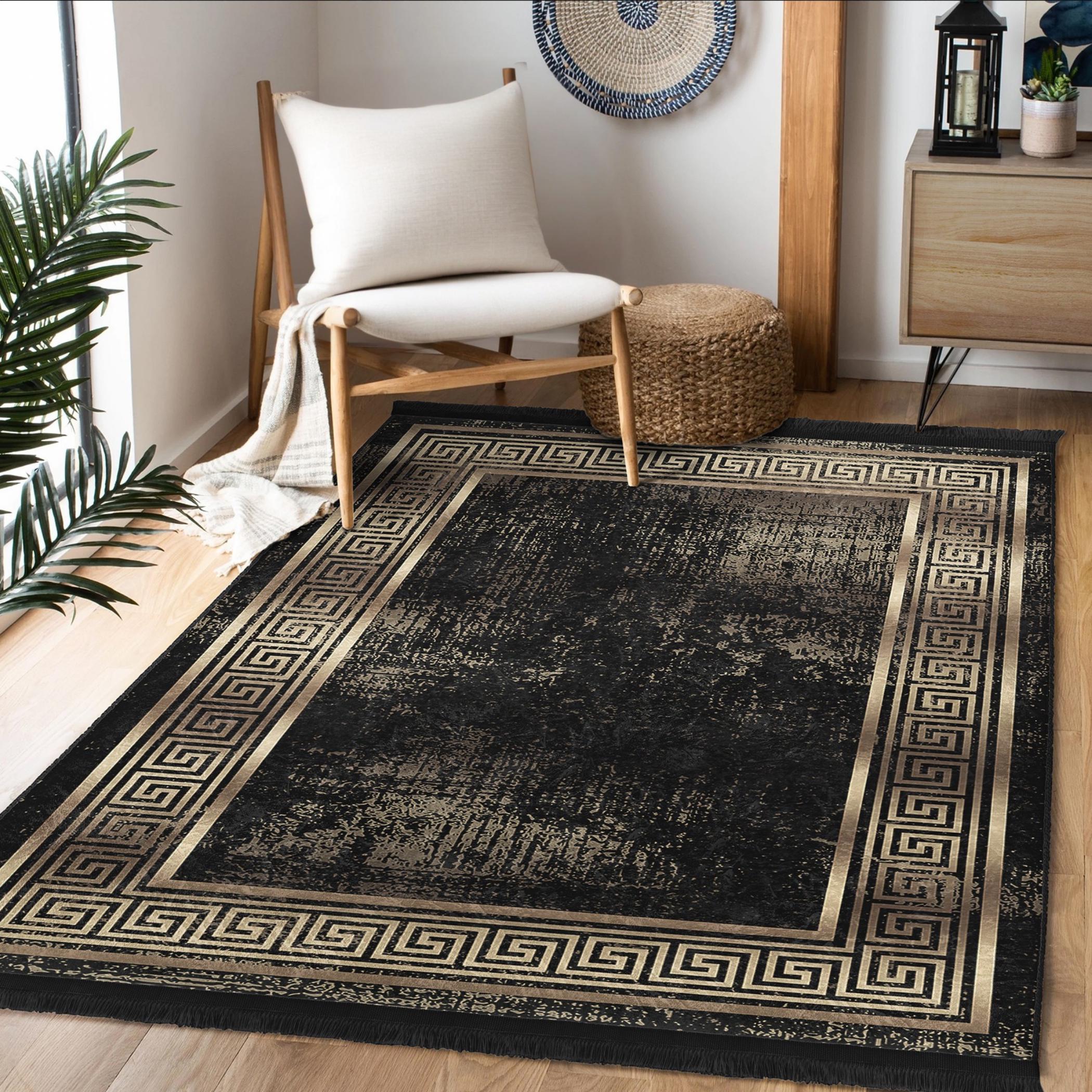 Greek Key Gold Rug Luxury Black Gold Greek Key Area Rug | Distressed Modern Meander Border ...