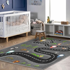 Jungle Road Play Mat Animal Adventure Rug for Kids Nursery Decor Animal World Rug Jungle Road Trip Playtime Mat for Children