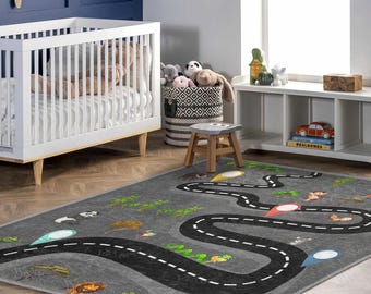 Jungle Road Play Mat Animal Adventure Rug for Kids Nursery Decor Animal World Rug Jungle Road Trip Playtime Mat for Children