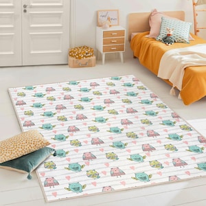 Alfombra de bebé con dibujos de pájaros: adorable alfombra de animales pastel con corazones. Suave alfombra de juegos para la habitación del bebé, ideal para jugar boca abajo. Regalo para baby shower.
