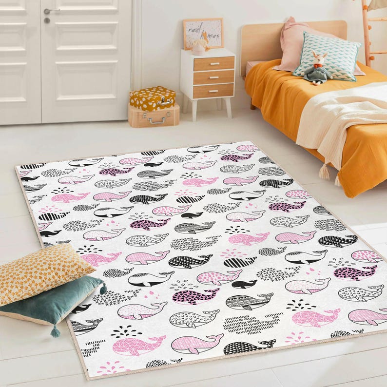 Pink Whale Nursery Rug – Soft Ocean Theme Play Mat for Baby Girl Room ...