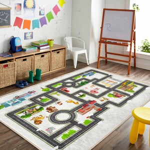 Speelse stadsplattegrond|Tapijt voor de speelkamer|Rechthoekige peutertapijten|Machinewasbare tapijten voor kinderen|Dierendesignmat