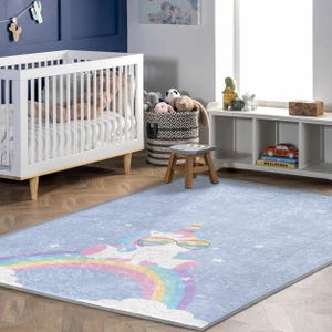 Cooler Einhorn-Regenbogenteppich - blauer Kinderteppich mit farbigem Einhorn-Sonnenglas, weiche Kinderzimmer-Matte, lustige Babyzimmerdekoration, pastellfarbener Spielzimmer-Bodenteppich