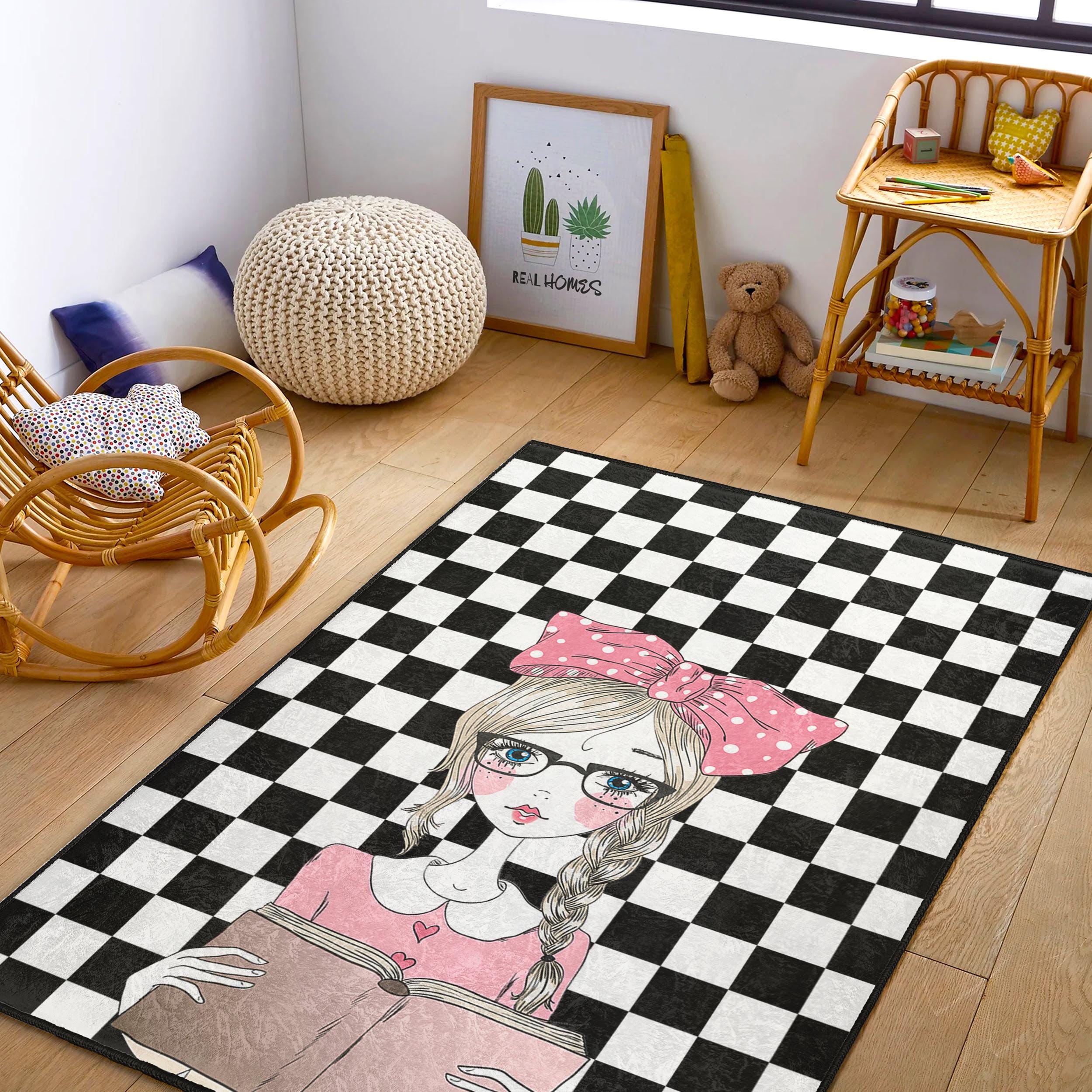 チェック柄の読書用女の子用ラグ：モダンな子供部屋の装飾 - Etsy 日本