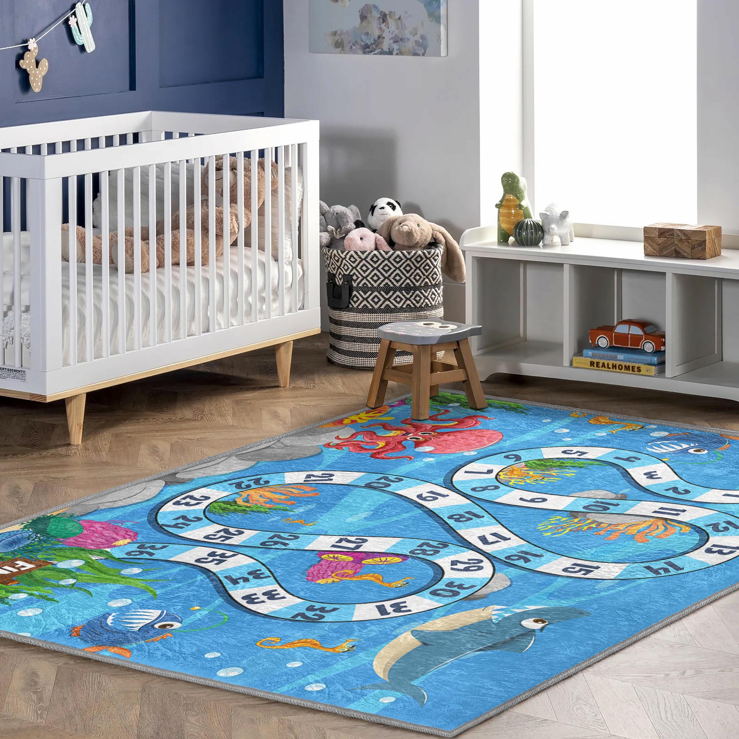 Nautical Kids Playroom Rug - Anchor - Ocean Theme, Soft Washable