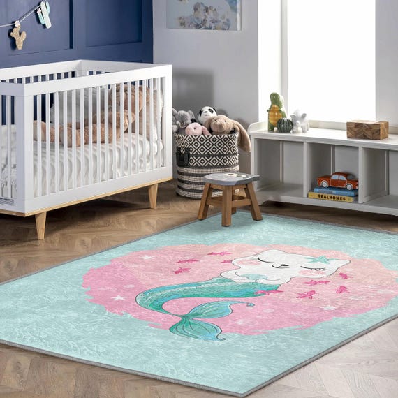 Mermaid Cat Rug for Girls Room, Soft Mint Nursery Carpet, Cute