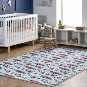 Race Car Nursery Rug – Light Blue Boys Room Carpet with Retro Red Cars, Soft Toddler Floor Mat, Vehicle Theme Playroom Decor Rug