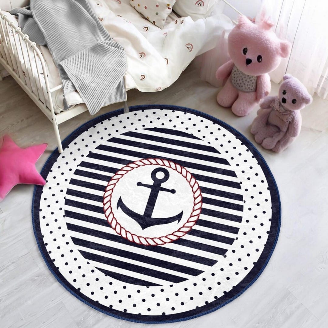 Nautical Anchor Round Rug: Navy Blue Marine Carpet - Etsy