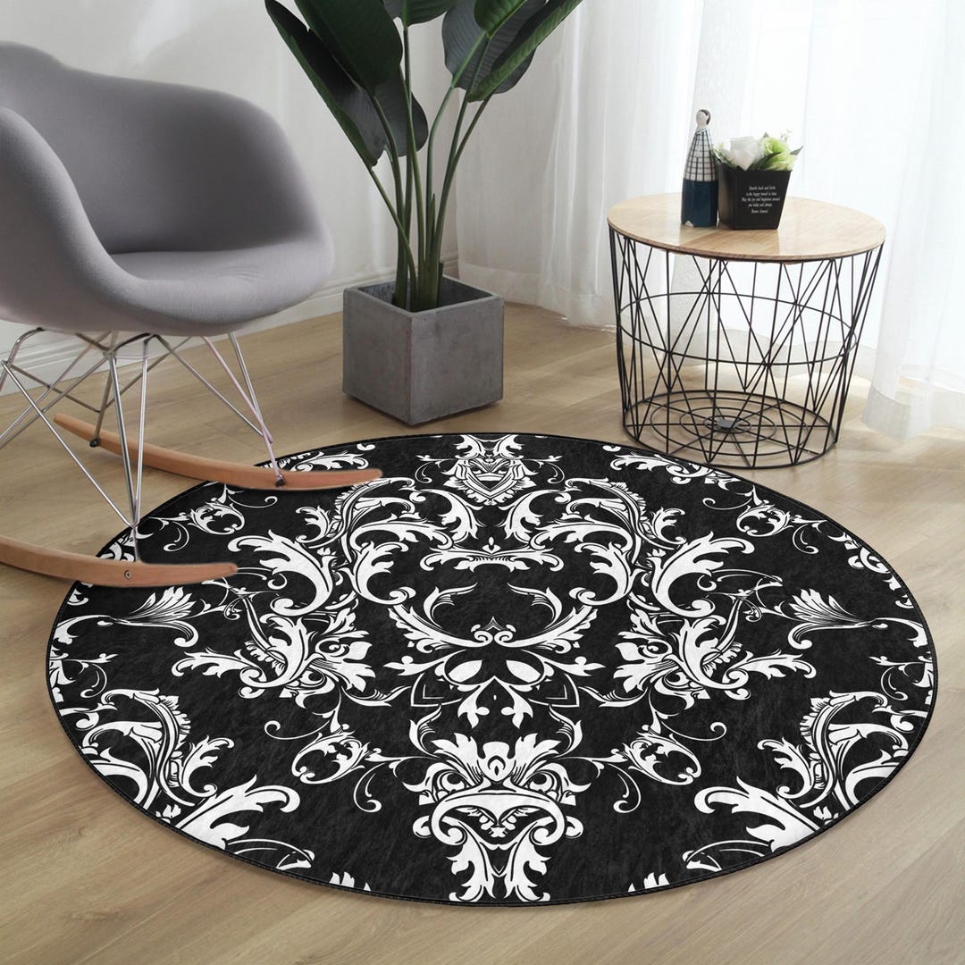 Black and White Baroque Round Rug: Elegant Floral Area Carpet - Etsy