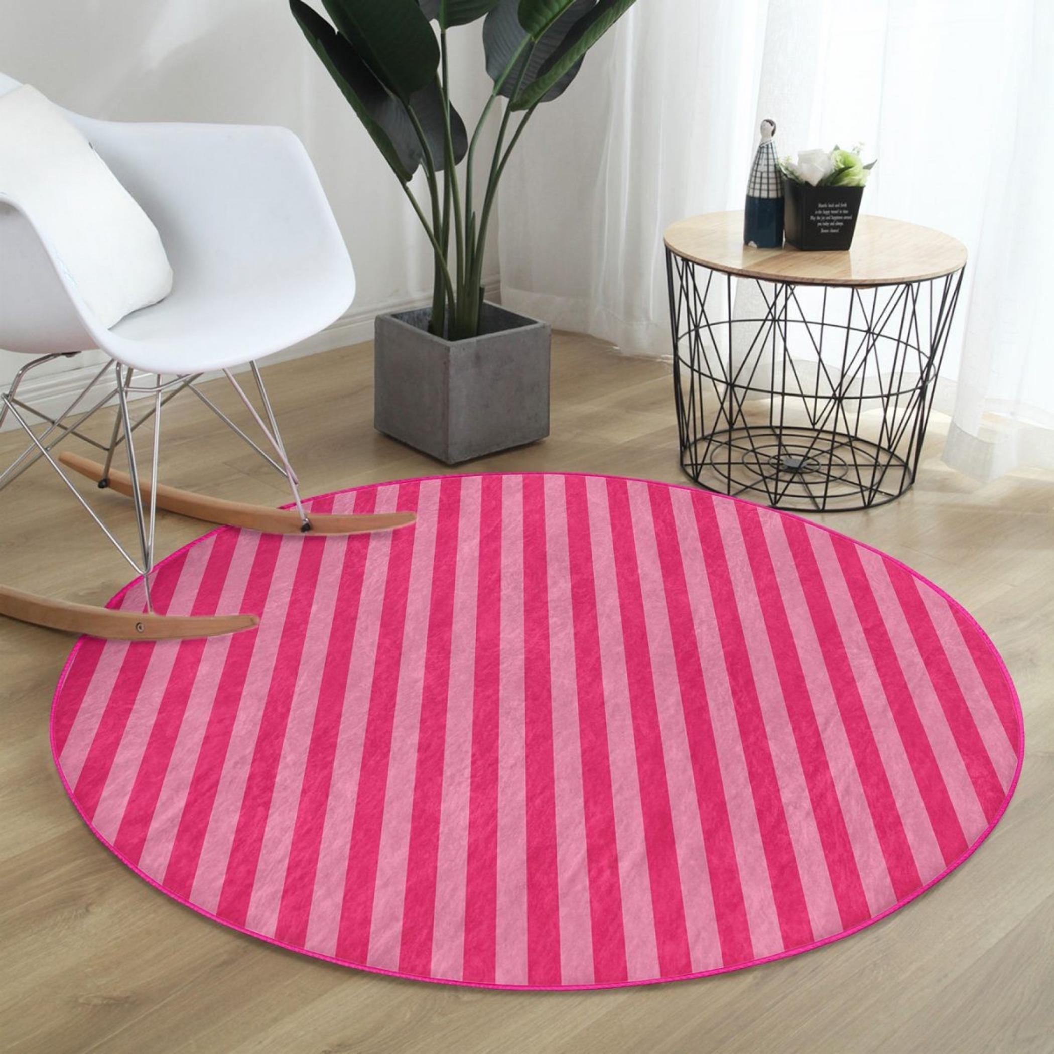 Pink Striped Round Rug, Modern Fuchsia Circle Area Carpet
