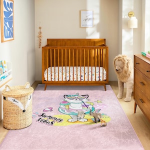 Alfombra de verano con diseño de gato rosa y unicornio: adorable alfombra de juego con dibujos de unicornios y gatos, suave alfombra pastel para habitación de niña, regalo para baby shower, decoración para el suelo de la habitación de tu bebé.