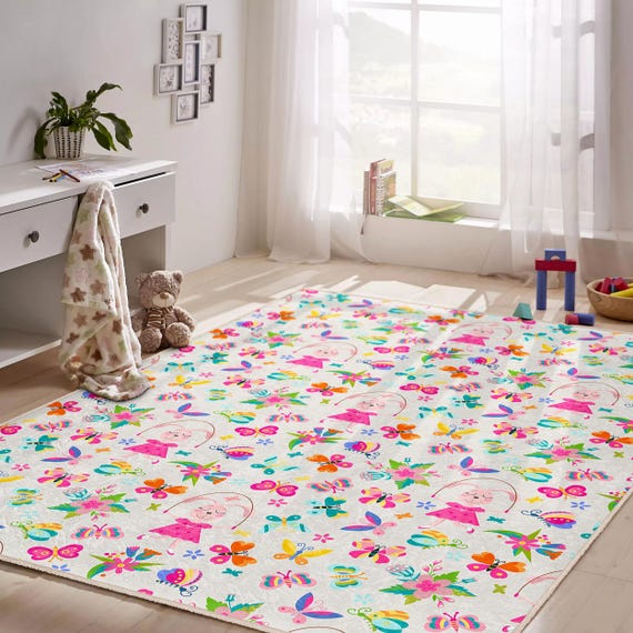 Colorful Butterfly Kids Rug – Soft Floral Nursery Carpet – Baby