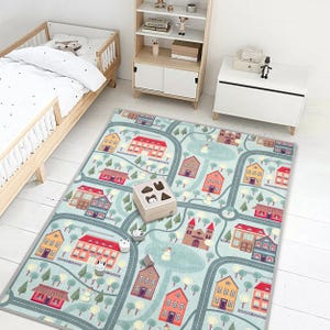 Town Play Rug Kids interactive city mat with roads and houses for toy cars. Soft, durable, perfect for imaginative play