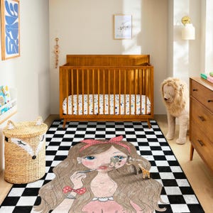 チェック柄ガールラグ - 10代の女の子の部屋に最適なブラックホワイトポップアートカーペット、キュートなメイクアップデザインマット、寝室のスタイリッシュなソフトフロアデコレーション