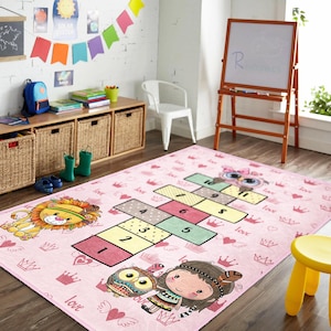 Girls Hopscotch Rug Cute Animals - Hearts Play Mat for Nursery Decor Pink Kids Play Mat Lion, Owl - Girl Hopscotch Carpet for Playroom