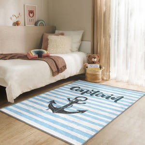 Gestreifter Kapitän - Gestreifter Wollteppich für Jungenzimmerteppich im maritimen Stil Weicher Marineteppich Spielzimmerdeko für Kinder