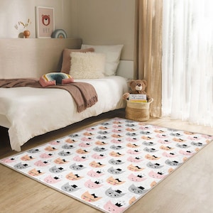 Alfombra infantil con cara de gato, color rosa y gris, ideal para la habitación de los niños y niñas. Suave alfombra con estampado de animales, ideal como regalo para bebé.