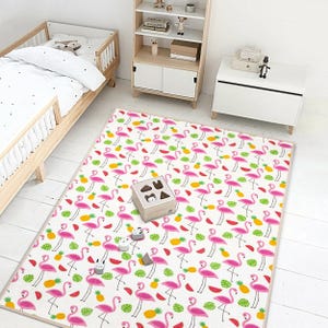 Tropical Flamingo Kids Rug – Pink Flamingos & Fruits Play Mat for Nursery, Baby Room or Toddler Floor Decor, Summer Vibes Carpet