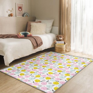 Baby Girl Rug Pastel Flowers Carpet for Children&#39;s Room Decor Flower Play Mat Whimsical Floral Design Rug for Children