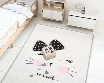 Kitty Face Rug – Polka Dot Bow, Baby Girl Nursery Carpet