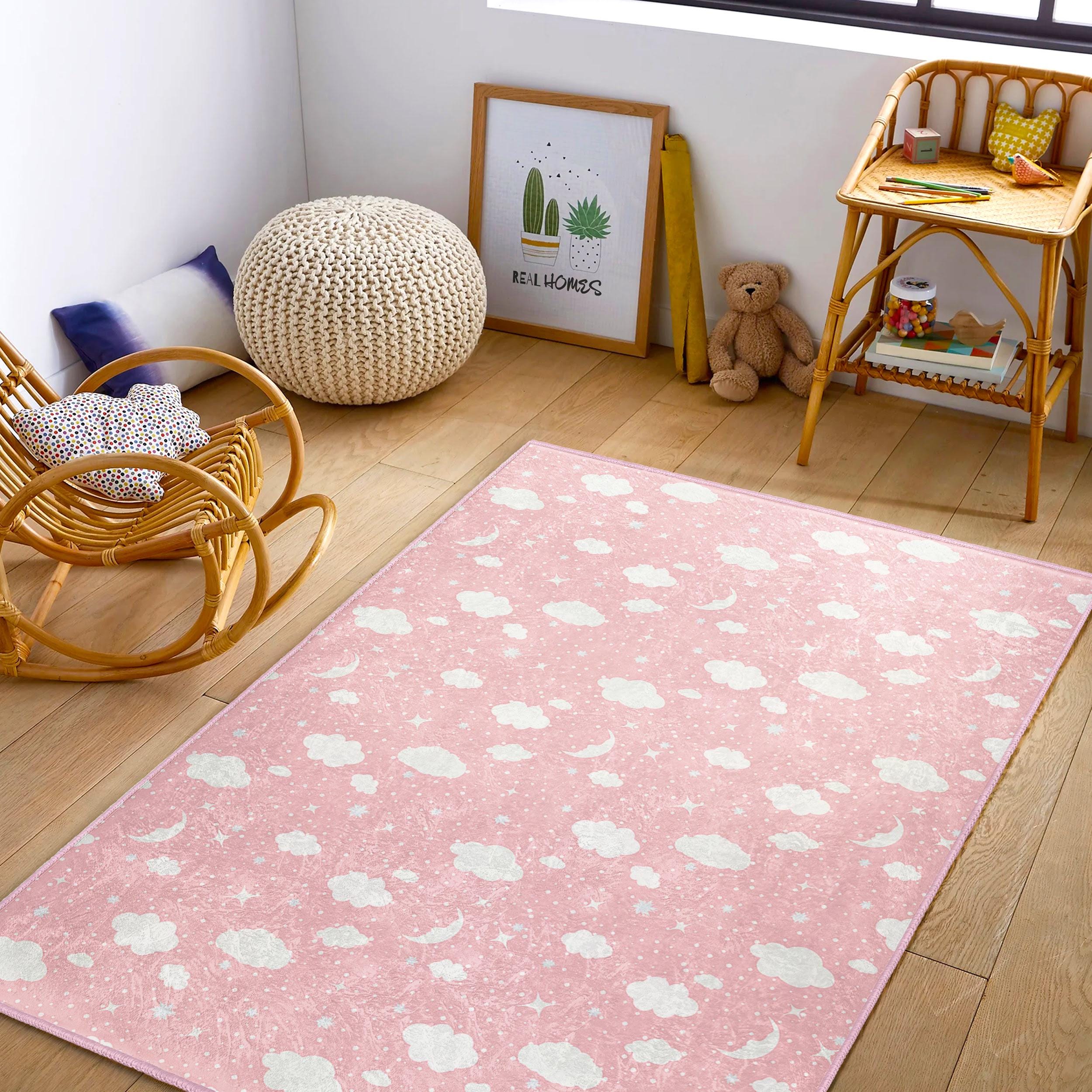ピンククラウド ナーサリーラグ - ソフトな子供用カーペット、月と星柄