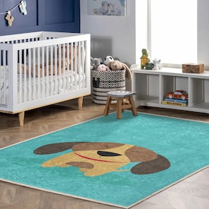 Teal Dog Kids Rug – Cute Sleeping Puppy Nursery Carpet, Animal Print Playroom Mat, Soft Baby Shower Gift, Toddler Room Floor Decor