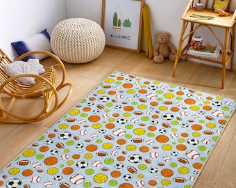 Sports Ball Kids Rug: Washable Non-Slip Play Mat for Boys Room
