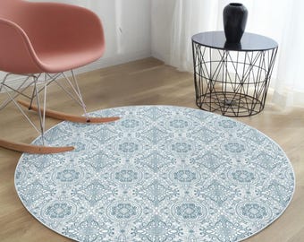 Blue Medallion Vintage Round Area Rug: Non-Slip Nursery Decor