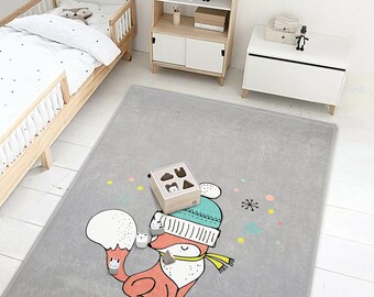 Fox Nursery Rug: Soft Grey Animal Play Mat for Kids Room
