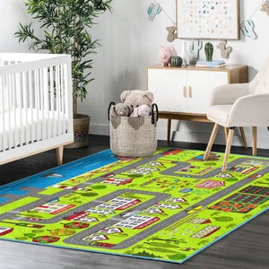 Rechthoekig vloerkleed met stadsthema|Stadskaart Speeltuintapijt|Kleurrijke speelkamertapijten|Machinewasbare tapijten|Beste cadeau voor kinderen|Zachte kinderkamermat