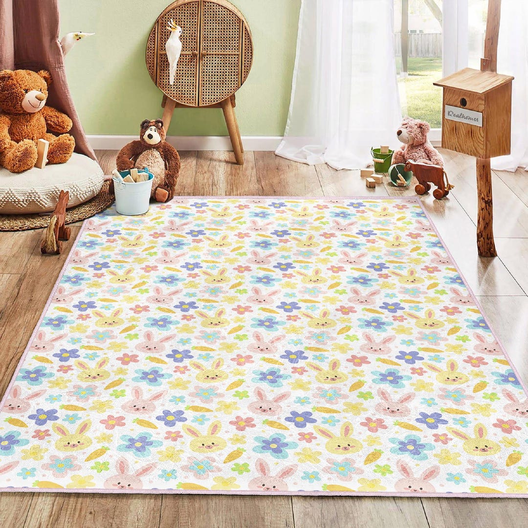 Pink Rabbit Play Mat Cute Bunny Kids Rug, Pastel Floral Nursery Carpet, Kawaii Rabbit ...