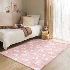 Pink Cloud Rug - Soft Nursery Carpet with Cute Sleeping Clouds, Baby Girl Room Decor, Cozy Playroom Mat or Toddler Gift Idea