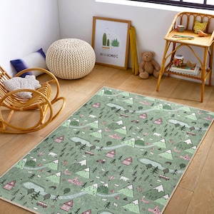 Woodland Kids Rug – Forest Adventure Carpet with Trees, Tents, Rivers - Bears | Nature Playroom Rug for Boys - Girls Nursery Décor