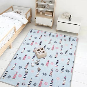Maritimer Kinderteppich – Leuchtturm - Helm-Muster | Weicher Babyteppich für die Bauchzeit, Spielzimmer, Kleinkindzimmer - Babypartygeschenk