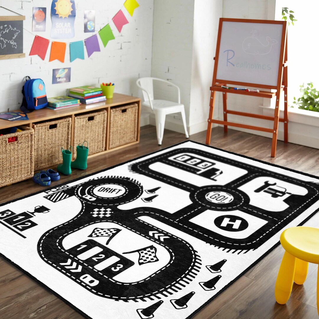 Car Road Map Rug Kids Road Map Rug Black White Playmat for Baby & Toddler Monochrome Car ...