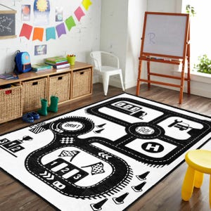Kids Road Map Rug Black White Playmat for Baby & Toddler Monochrome Car Rug Minimalist Play Carpet for Children's Room