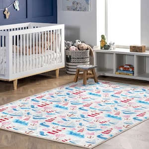 Nautischer Kinderteppich - Segelboot - Anker Teppich in Blau - Rot | Babyteppich im Ozean-Design für Jungen, Mädchen - Küsten-Spielzimmerdekor