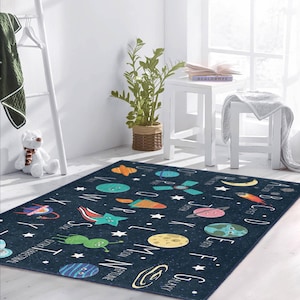 Alfombra educativa con alfabeto/alfombras con temática espacial para guardería/alfombra con letras para niños/alfombras con planetas para sala de juegos/alfombra interactiva para jardín de infantes