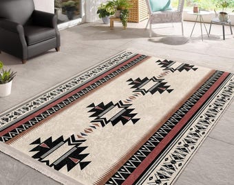 Living Room , Southwestern Aztec Rug, Boho Geometric Decor, Neutral Tribal Carpet, Farmhouse Area Rug, Cream Black Terracotta