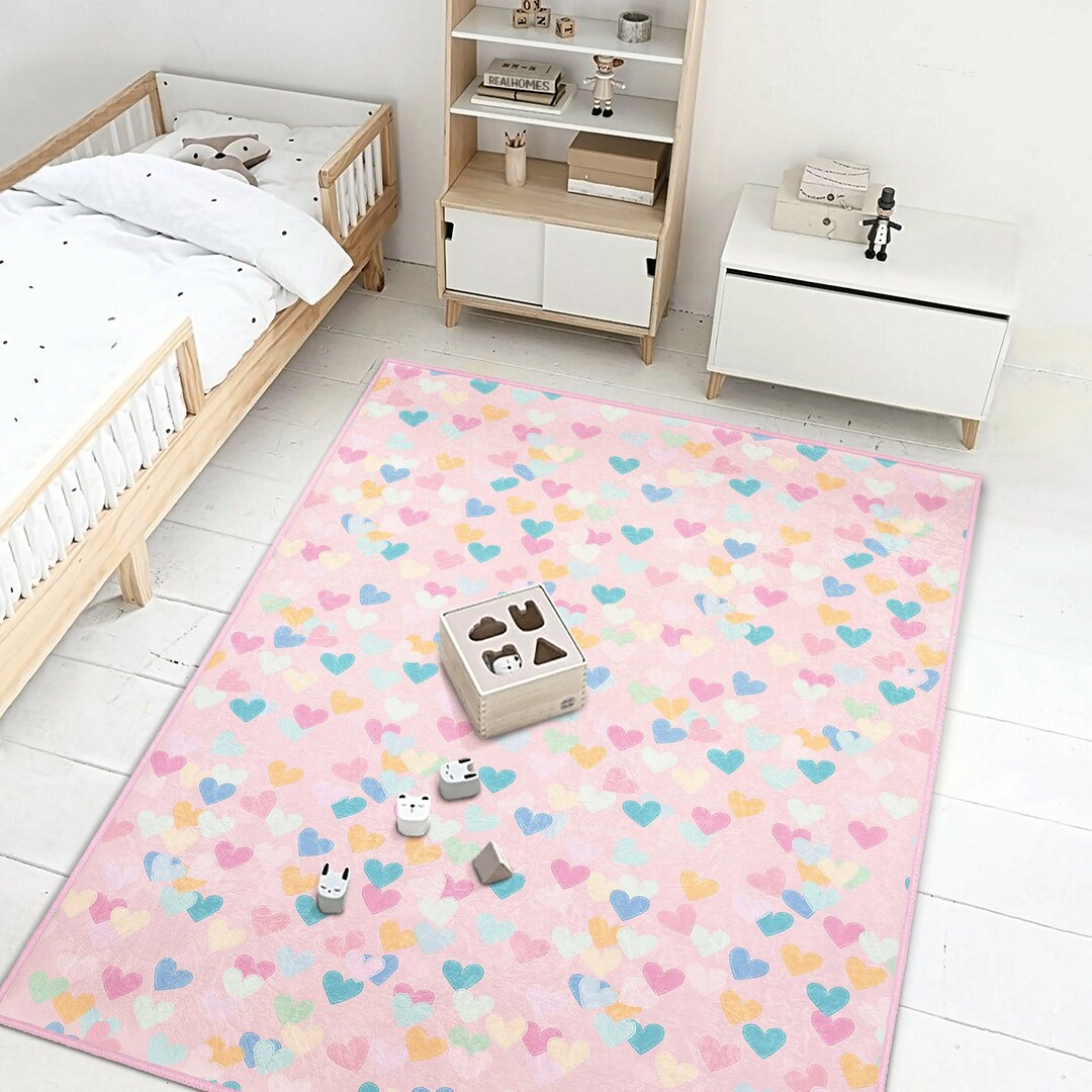 Pink Heart Kids Rug – Washable Nursery Playroom Carpet - Etsy