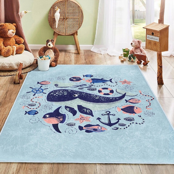 Blue Whale Kids Rug: Ocean Nursery, Anti-slip Carpet - Etsy