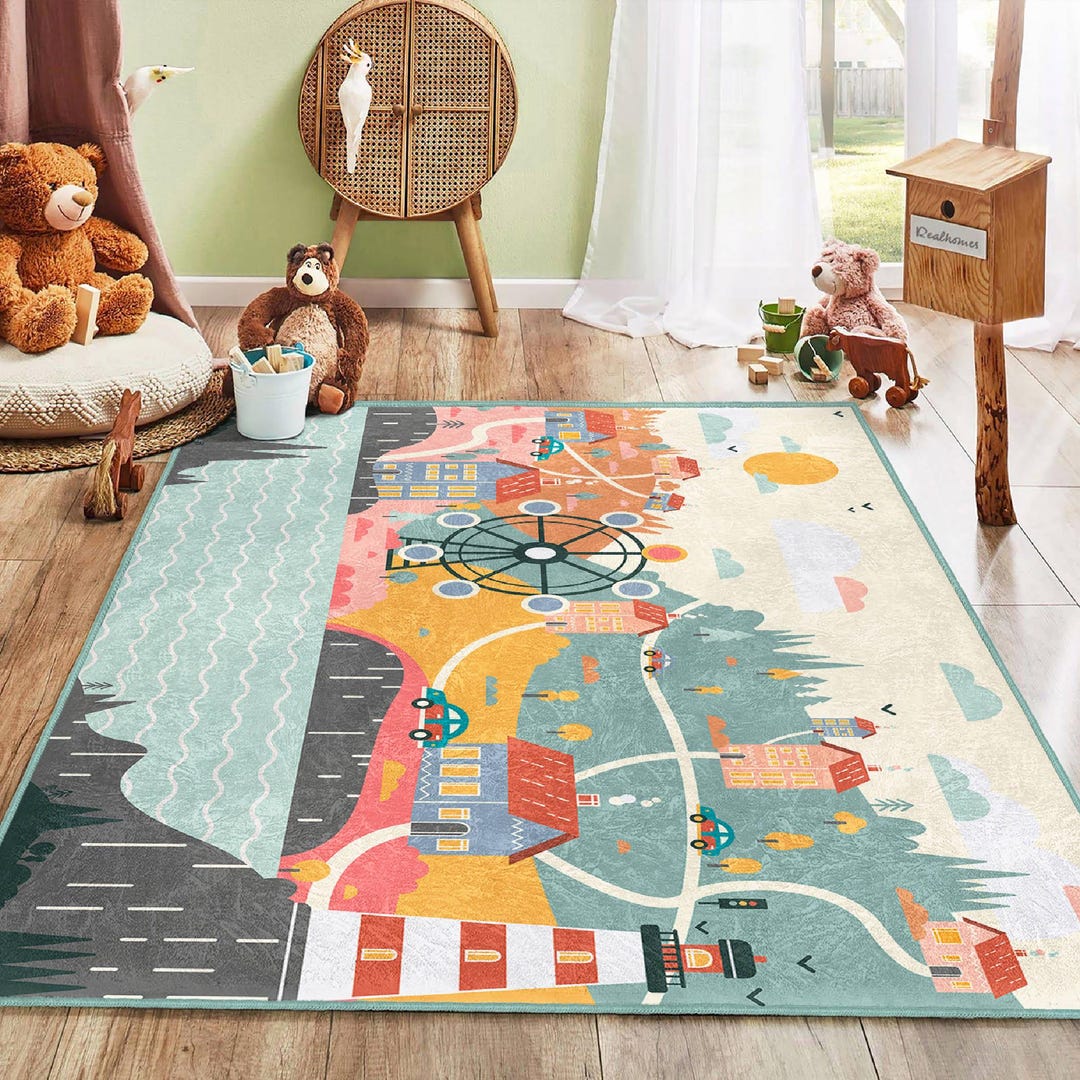 Colorful City Map Rug: Non-slip Kid's Playroom Carpet - Etsy