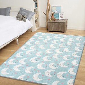 Cute Moon - Star Kids Rug, , Playroom Decor, Cozy Bedroom Rug, Durable Baby Floor Mat, Playful Moon Design, Toddler Room Essentials