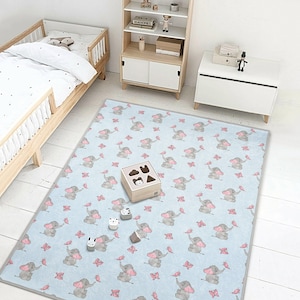 Elephant Baby Girl Rug – Pink Ear Elephant - Butterfly Design | Soft Nursery Carpet for Tummy Time, Crib Area - Baby Shower Gift